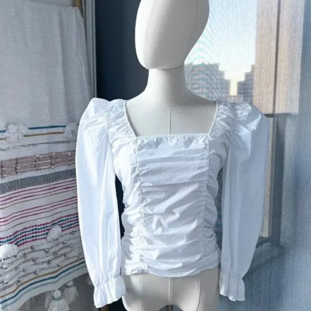 ZARA White Square Neck Puff Sleeve Smocked Poplin Top Large